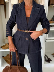 Autumn winter new dark blue denim jacket straight leg jeans suit