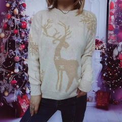 Autumn Winter Crewneck Long Sleeve Christmas Sweater Snowflake Fawn Jacquard Knitted Pullover