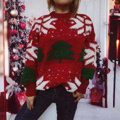 Autumn Winter Christmas Tree Jacquard Crewneck Long Sleeve Thickened Knitted Pullover Christmas Sweater