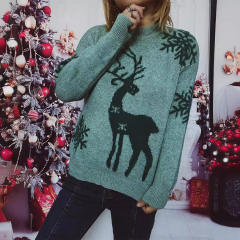 Autumn Winter Crewneck Long Sleeve Christmas Sweater Snowflake Fawn Jacquard Knitted Pullover