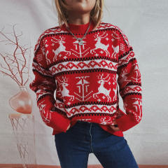 Autumn Winter Christmas Sweater Round Neck Long Sleeve Elk Pattern Knitted Pullover Top for Women