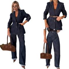 Autumn winter new dark blue denim jacket straight leg jeans suit