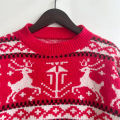 Autumn Winter Christmas Sweater Round Neck Long Sleeve Elk Pattern Knitted Pullover Top for Women