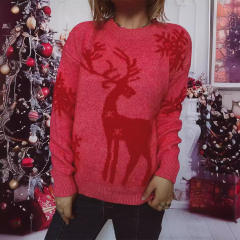 Autumn Winter Crewneck Long Sleeve Christmas Sweater Snowflake Fawn Jacquard Knitted Pullover