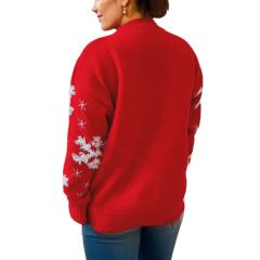 Red Christmas Sweater Women's Snowflake Embroidered Round Neck Long Sleeve Christmas Theme Pullover
