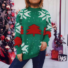 Autumn Winter Christmas Tree Jacquard Crewneck Long Sleeve Thickened Knitted Pullover Christmas Sweater