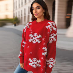 Red Christmas Sweater Women's Snowflake Embroidered Round Neck Long Sleeve Christmas Theme Pullover