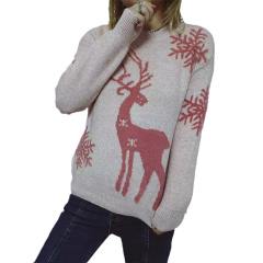 Autumn Winter Crewneck Long Sleeve Christmas Sweater Snowflake Fawn Jacquard Knitted Pullover