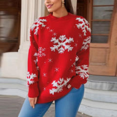 Red Christmas Sweater Women's Snowflake Embroidered Round Neck Long Sleeve Christmas Theme Pullover