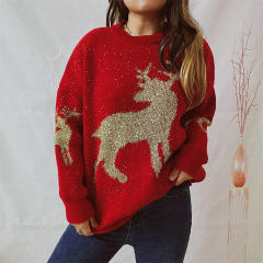 Autumn winter loose gold line jacquard deer pattern round neck long sleeve Christmas sweater