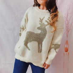 Autumn winter loose gold line jacquard deer pattern round neck long sleeve Christmas sweater