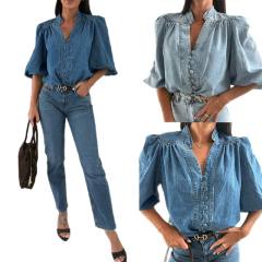 Vintage Lantern sleeves V neck denim shirt for women tops for women