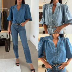 Vintage Lantern sleeves V neck denim shirt for women tops for women