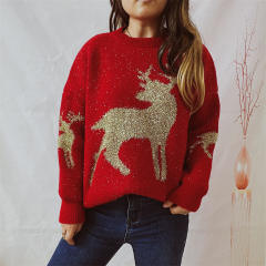 Autumn winter loose gold line jacquard deer pattern round neck long sleeve Christmas sweater