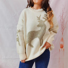 Autumn winter loose gold line jacquard deer pattern round neck long sleeve Christmas sweater