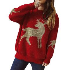 Autumn winter loose gold line jacquard deer pattern round neck long sleeve Christmas sweater