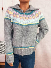 Retro pattern contrast color jacquard lapel knitted cardigan zipper sweater jacket