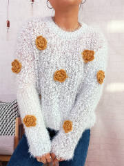 Gradient color 3D flower cute pink round neck long sleeve knitted pullover sweater
