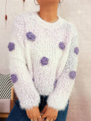 Gradient color 3D flower cute pink round neck long sleeve knitted pullover sweater