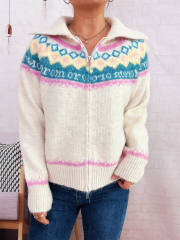 Retro pattern contrast color jacquard lapel knitted cardigan zipper sweater jacket
