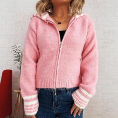 Autumn winter Simple contrast color large lapel zipper knitted cardigan