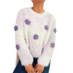 Gradient color 3D flower cute pink round neck long sleeve knitted pullover sweater