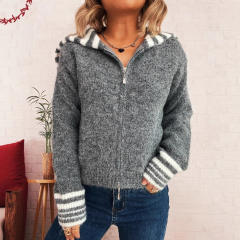 Autumn winter Simple contrast color large lapel zipper knitted cardigan