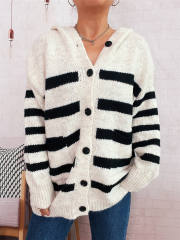 Casual Loose Oversized Hooded Knit Cardigan Single-Breasted Long-Sleeved Sweater