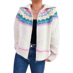 Retro pattern contrast color jacquard lapel knitted cardigan zipper sweater jacket
