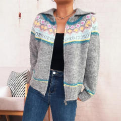 Retro pattern contrast color jacquard lapel knitted cardigan zipper sweater jacket