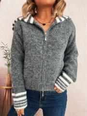 Autumn winter Simple contrast color large lapel zipper knitted cardigan