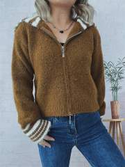Autumn winter Simple contrast color large lapel zipper knitted cardigan