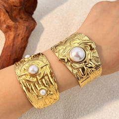 Vintage hammer pattern imitation pearl inlaid stainless steel cuff bangle wide bangle bracelet