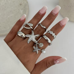 Vacation Starfish Metal Opening Ring ins 6-piece Set Star Scallop Joint Ring for Women