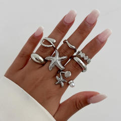 Vacation Starfish Metal Opening Ring ins 6-piece Set Star Scallop Joint Ring for Women