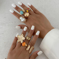 INS style pearl hollow irregular ring retro diamond alloy flower joint ring