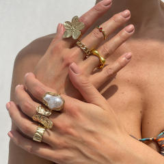 INS style pearl hollow irregular ring retro diamond alloy flower joint ring