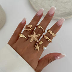 Vacation Starfish Metal Opening Ring ins 6-piece Set Star Scallop Joint Ring for Women