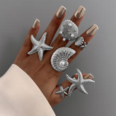 Vacation Starfish Metal Opening Ring ins 6-piece Set Star Scallop Joint Ring for Women