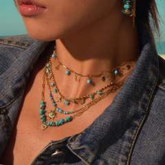 Boho hot sale turquoise stone series stainless steel necklace earrings rings suit