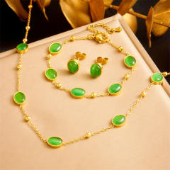 Retro Oval Geometric Emerald Chain Stainless Steel Necklace Earrings Bracelet suit