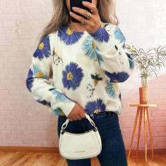 Vintage flower pattern round collar winter autumn warm sweater