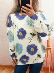 Vintage flower pattern round collar winter autumn warm sweater