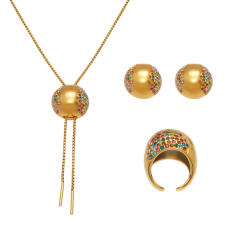 Simple chunky ball bead diamond long necklace stainless steel rings earrings suit