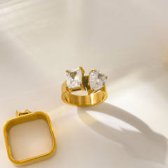 Water Drop Square Eye Teardrop Zircon Double Circle Curved Surface 18K Gold Plated Ring