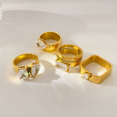 Water Drop Square Eye Teardrop Zircon Double Circle Curved Surface 18K Gold Plated Ring