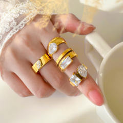 Water Drop Square Eye Teardrop Zircon Double Circle Curved Surface 18K Gold Plated Ring
