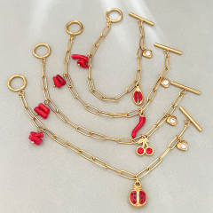 18KG red color enamel charm stainless steel bracelet toggle bracelet