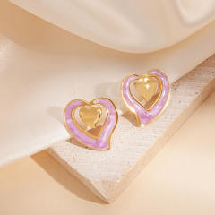 Sweet hollow out heart color enamel stainless steel studs earrings