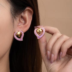 Sweet hollow out heart color enamel stainless steel studs earrings